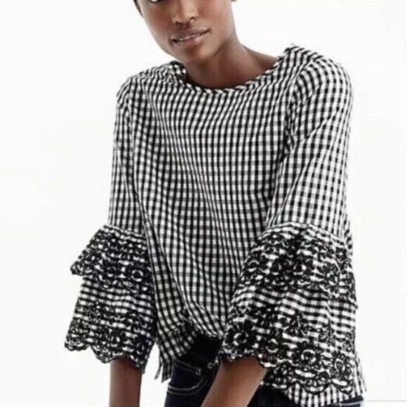 J Crew Ludwig Gingham Embroidered Bell Sleeve Top Blouse Black White Sz 2 - Picture 1 of 3